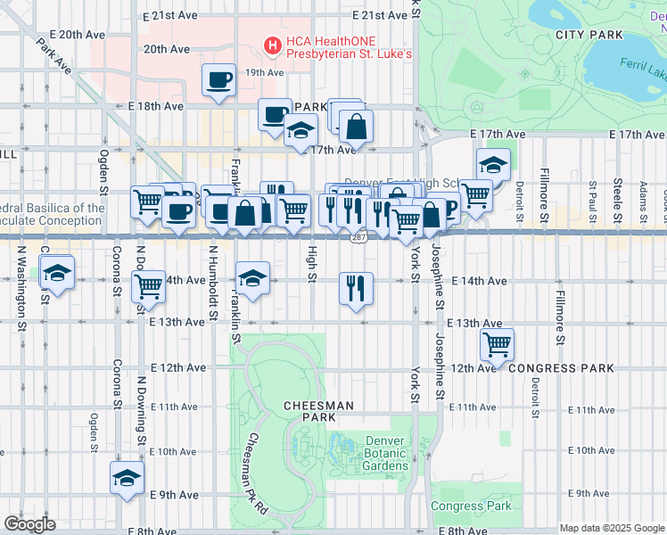 map of restaurants, bars, coffee shops, grocery stores, and more near 1423 Race Street in Denver