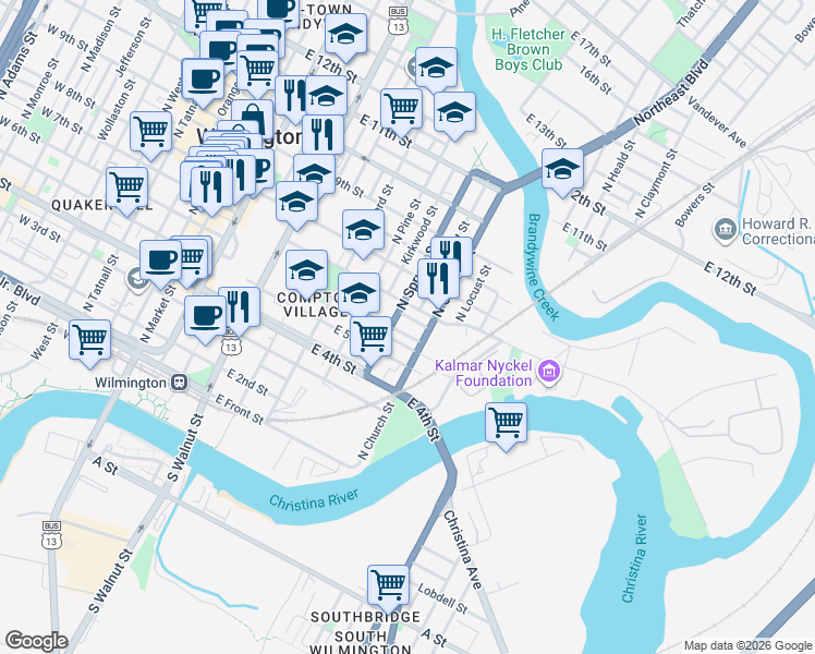 map of restaurants, bars, coffee shops, grocery stores, and more near 616 Curlett Street in Wilmington