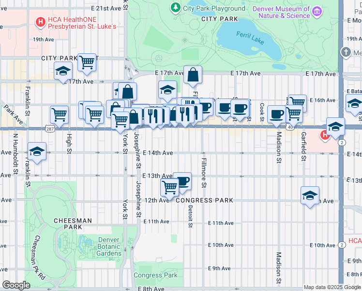 map of restaurants, bars, coffee shops, grocery stores, and more near 1460 Clayton Street in Denver