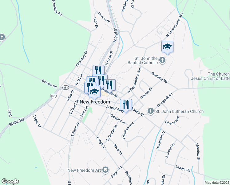 map of restaurants, bars, coffee shops, grocery stores, and more near 35 East Franklin Street in New Freedom
