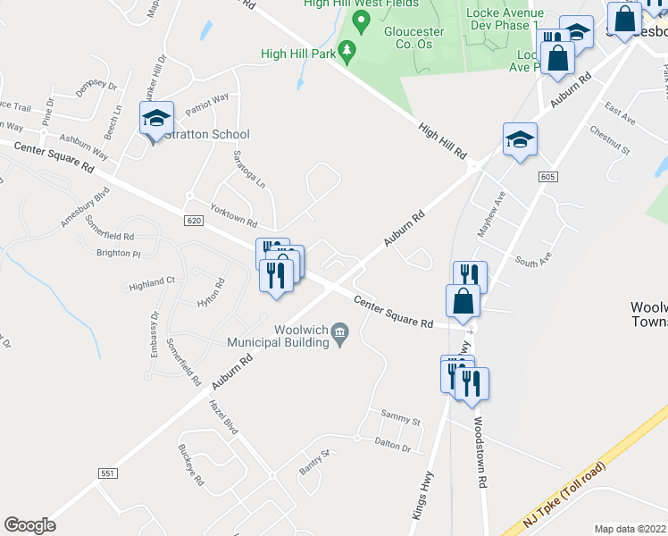 map of restaurants, bars, coffee shops, grocery stores, and more near 121 Center Square Road in Woolwich Township