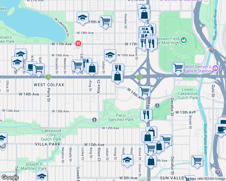 map of restaurants, bars, coffee shops, grocery stores, and more near 1455 Irving Street in Denver