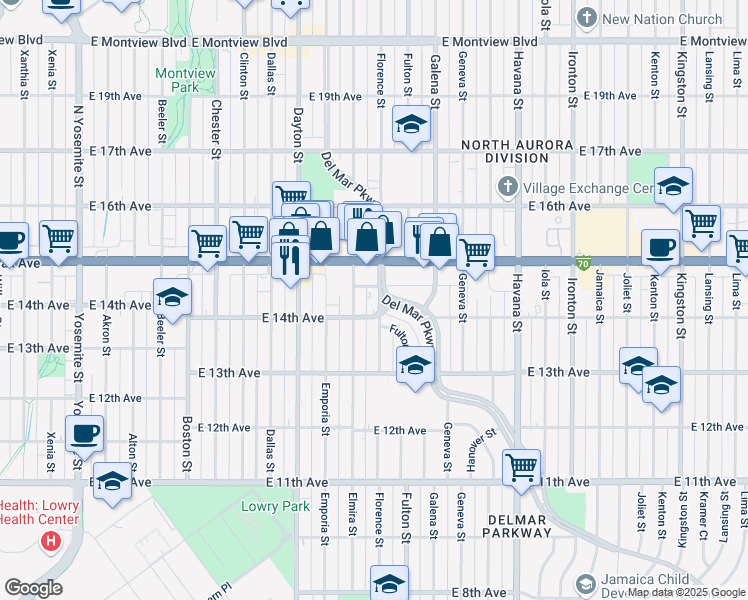 map of restaurants, bars, coffee shops, grocery stores, and more near 1472 Elmira Street in Aurora