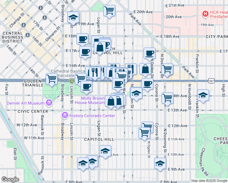map of restaurants, bars, coffee shops, grocery stores, and more near in Denver