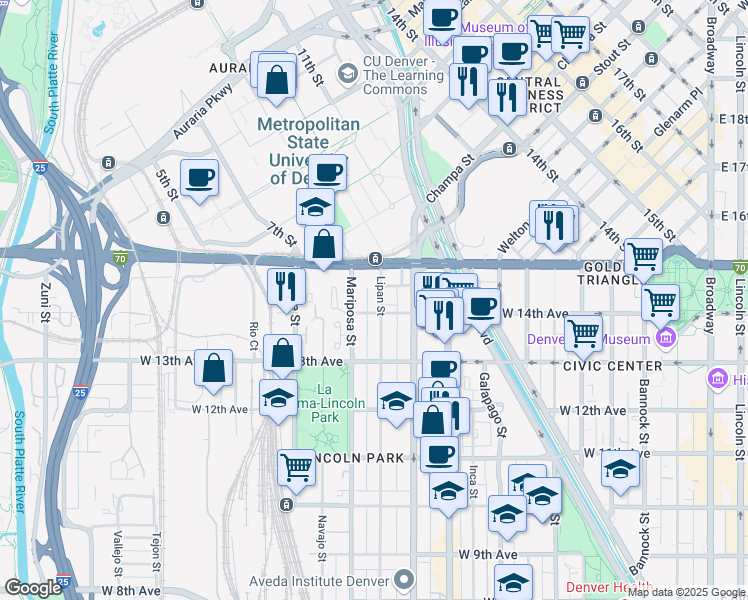 map of restaurants, bars, coffee shops, grocery stores, and more near 1419 Lipan Street in Denver