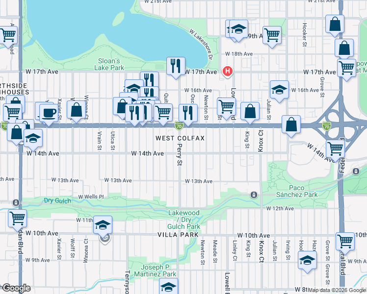 map of restaurants, bars, coffee shops, grocery stores, and more near 1454 Perry Street in Denver
