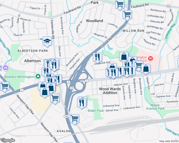map of restaurants, bars, coffee shops, grocery stores, and more near 38 North Woodward Avenue in Wilmington