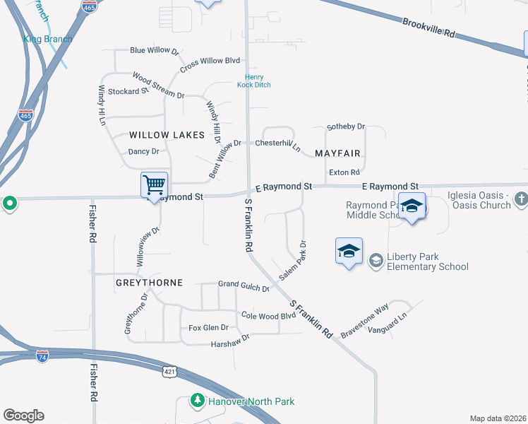 map of restaurants, bars, coffee shops, grocery stores, and more near 2268 Raymond Park Drive in Indianapolis