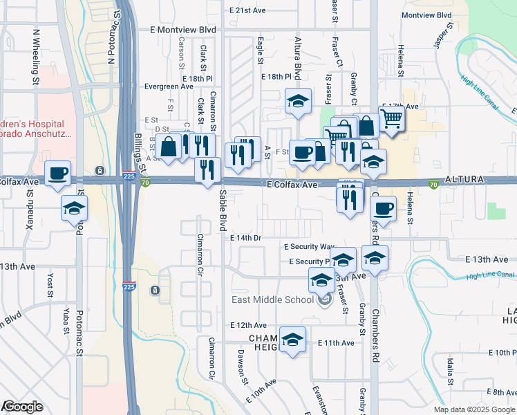 map of restaurants, bars, coffee shops, grocery stores, and more near 14682-14742 E Colfax Ave in Aurora
