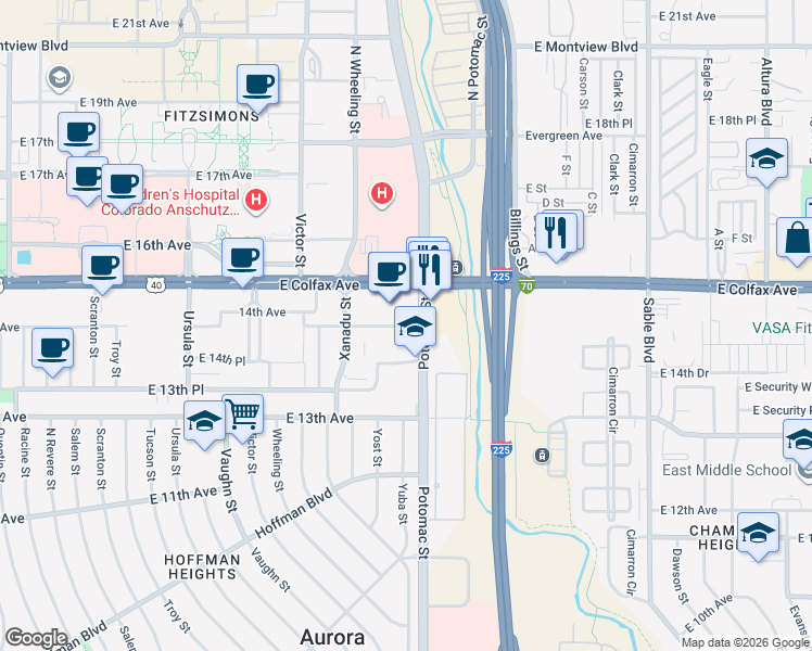 map of restaurants, bars, coffee shops, grocery stores, and more near 13650 East Colfax Avenue in Aurora