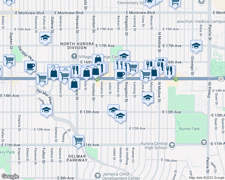 map of restaurants, bars, coffee shops, grocery stores, and more near in Aurora