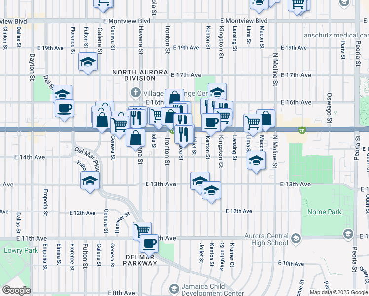 map of restaurants, bars, coffee shops, grocery stores, and more near 1480 Jamaica Street in Aurora