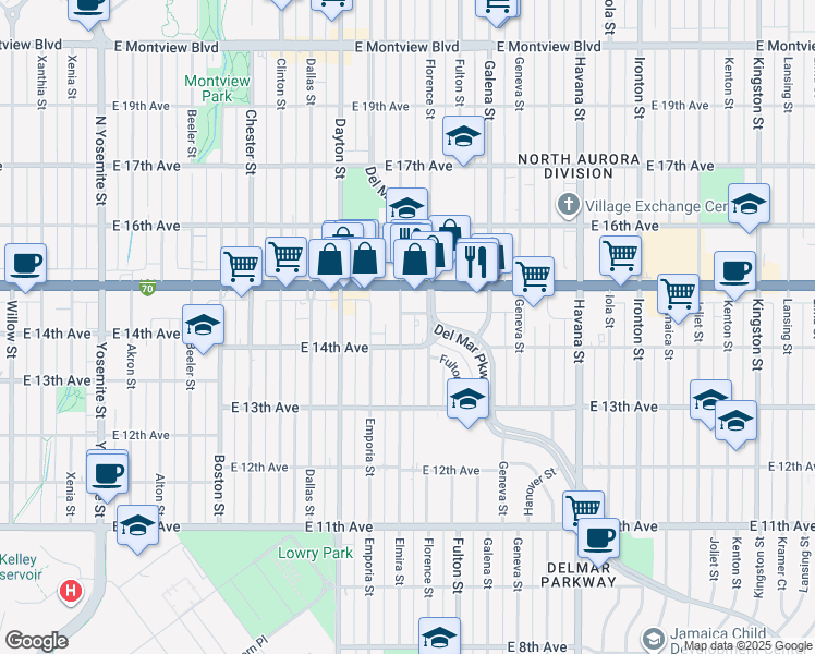 map of restaurants, bars, coffee shops, grocery stores, and more near 1472 Elmira Street in Aurora