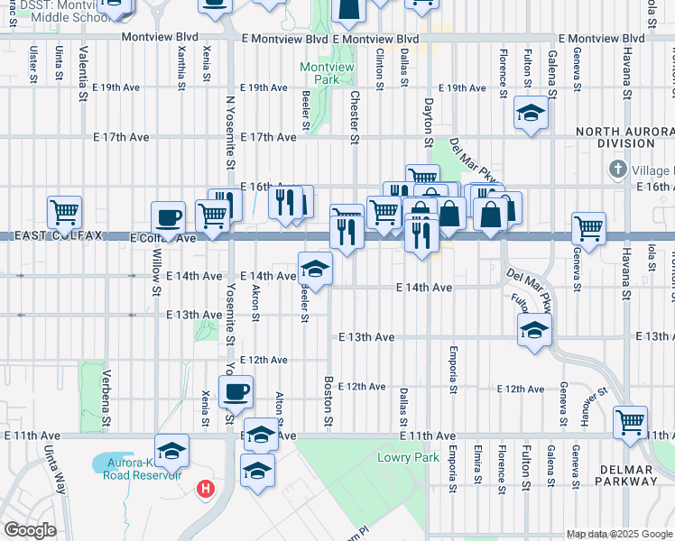 map of restaurants, bars, coffee shops, grocery stores, and more near 1478 Boston Street in Aurora