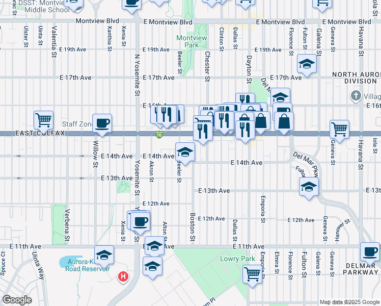 map of restaurants, bars, coffee shops, grocery stores, and more near 1478 Boston Street in Aurora