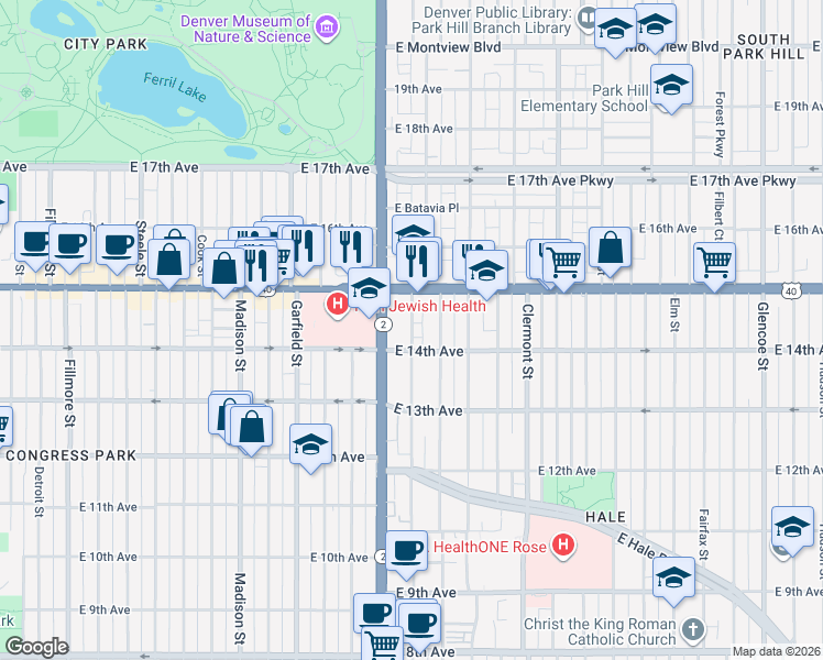 map of restaurants, bars, coffee shops, grocery stores, and more near 1447 Albion Street in Denver