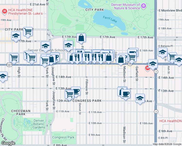 map of restaurants, bars, coffee shops, grocery stores, and more near 1461 Milwaukee Street in Denver