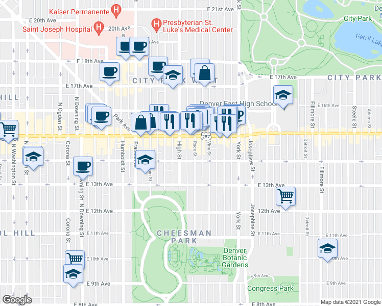 map of restaurants, bars, coffee shops, grocery stores, and more near 1457 Race Street in Denver
