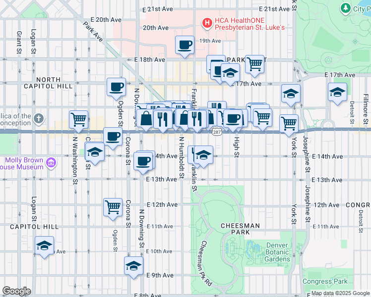 map of restaurants, bars, coffee shops, grocery stores, and more near 1445 Franklin Street in Denver