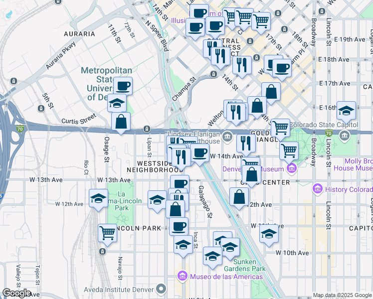 map of restaurants, bars, coffee shops, grocery stores, and more near in Denver