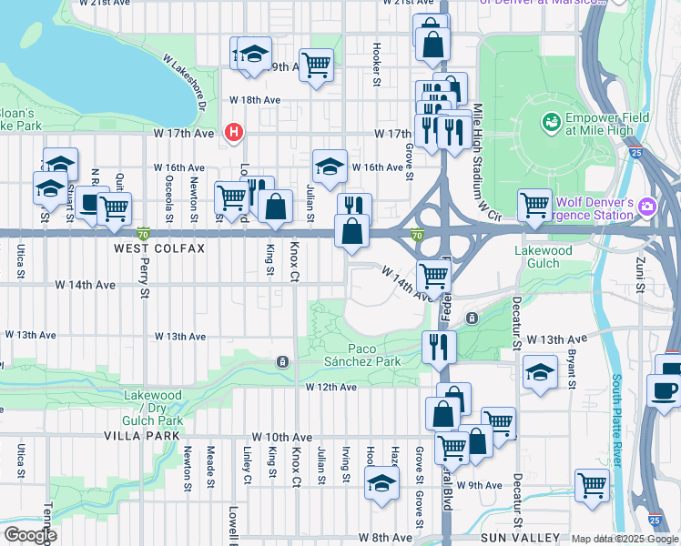map of restaurants, bars, coffee shops, grocery stores, and more near 1455 Irving Street in Denver