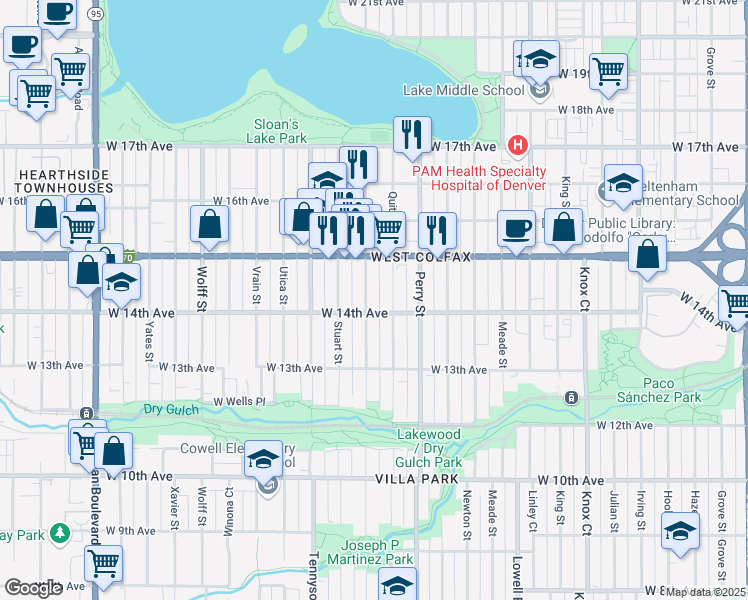 map of restaurants, bars, coffee shops, grocery stores, and more near 1451 Raleigh Street in Denver
