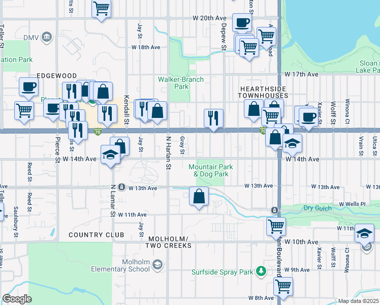 map of restaurants, bars, coffee shops, grocery stores, and more near 1453 Gray Street in Lakewood