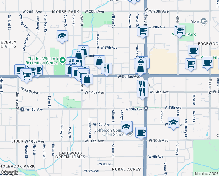 map of restaurants, bars, coffee shops, grocery stores, and more near 1480 Ammons Street in Lakewood