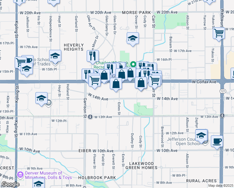 map of restaurants, bars, coffee shops, grocery stores, and more near 1439 Estes Street in Lakewood