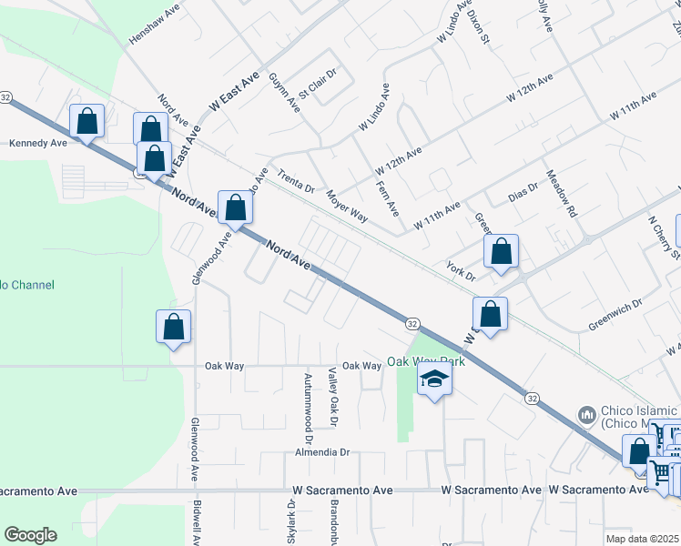 map of restaurants, bars, coffee shops, grocery stores, and more near 1332 Rossetti Lane in Chico