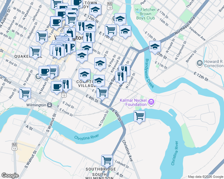 map of restaurants, bars, coffee shops, grocery stores, and more near 616 Curlett Street in Wilmington