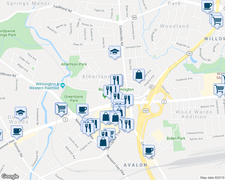 map of restaurants, bars, coffee shops, grocery stores, and more near 2119 Elder Drive in Wilmington