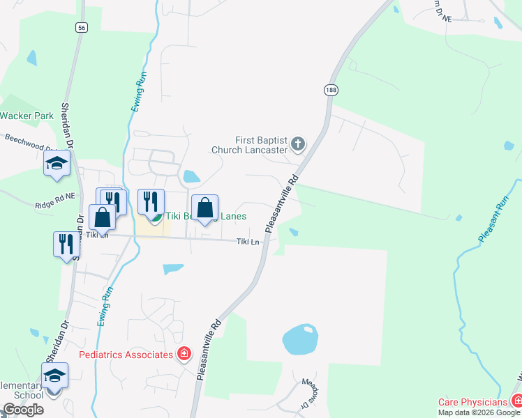 map of restaurants, bars, coffee shops, grocery stores, and more near 1667 Ridgeview Court in Lancaster