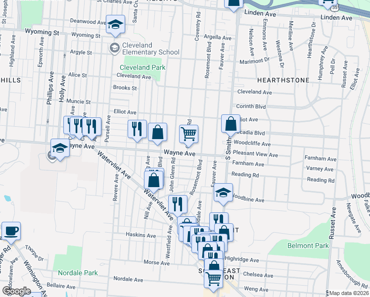 map of restaurants, bars, coffee shops, grocery stores, and more near 1901 Coventry Road in Dayton