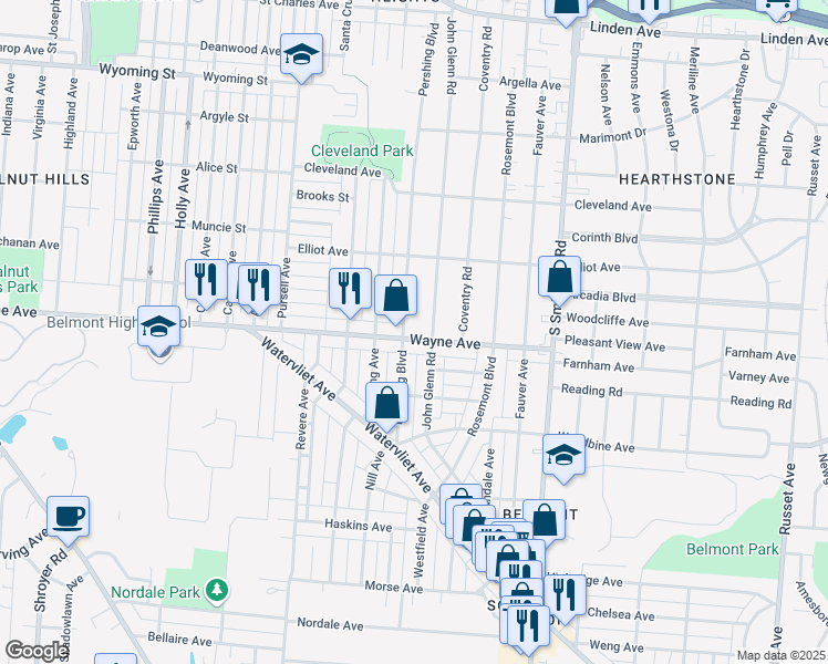 map of restaurants, bars, coffee shops, grocery stores, and more near 1905 John Glenn Road in Dayton