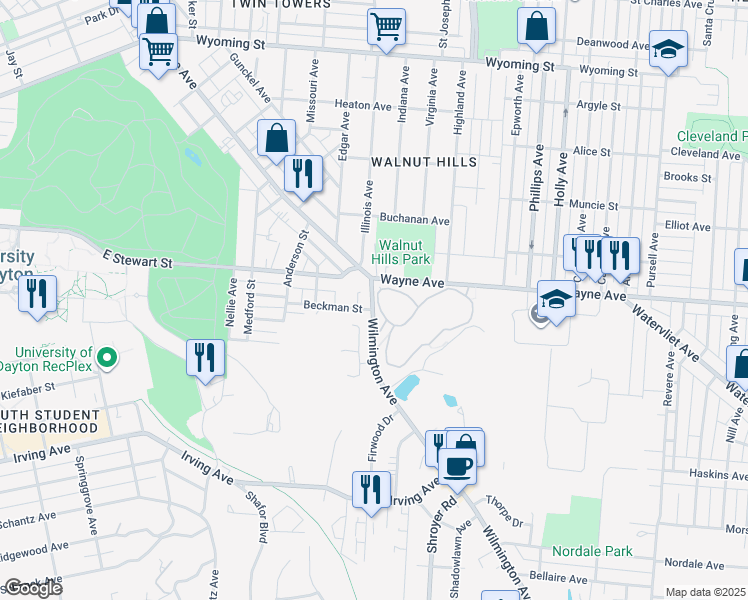 map of restaurants, bars, coffee shops, grocery stores, and more near 2233 Wayne Avenue in Dayton