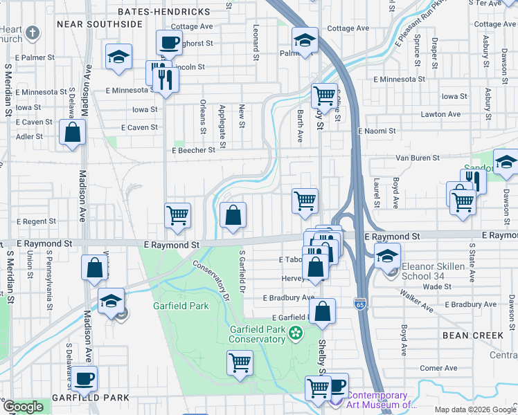 map of restaurants, bars, coffee shops, grocery stores, and more near 2104 Napoleon Street in Indianapolis