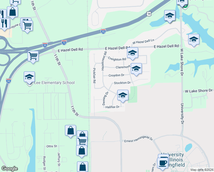 map of restaurants, bars, coffee shops, grocery stores, and more near 4136 Hazelcrest Road in Springfield