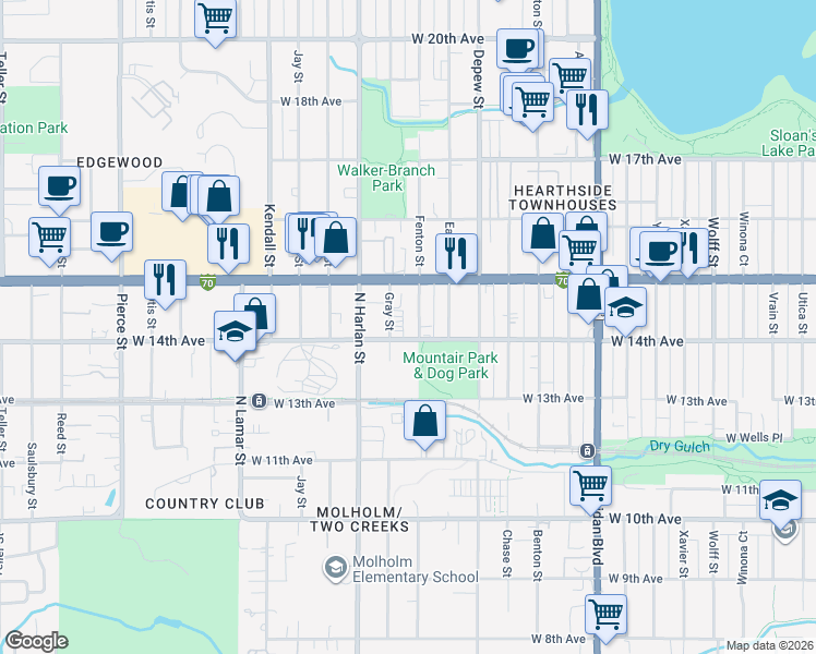 map of restaurants, bars, coffee shops, grocery stores, and more near 5885 West 14th Avenue in Lakewood
