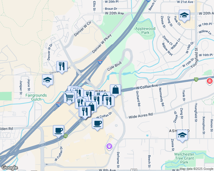 map of restaurants, bars, coffee shops, grocery stores, and more near 13949 West Colfax Avenue in Lakewood