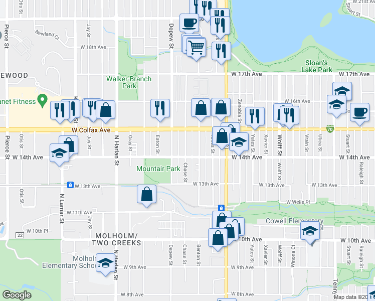 map of restaurants, bars, coffee shops, grocery stores, and more near 1420 Chase Street in Lakewood