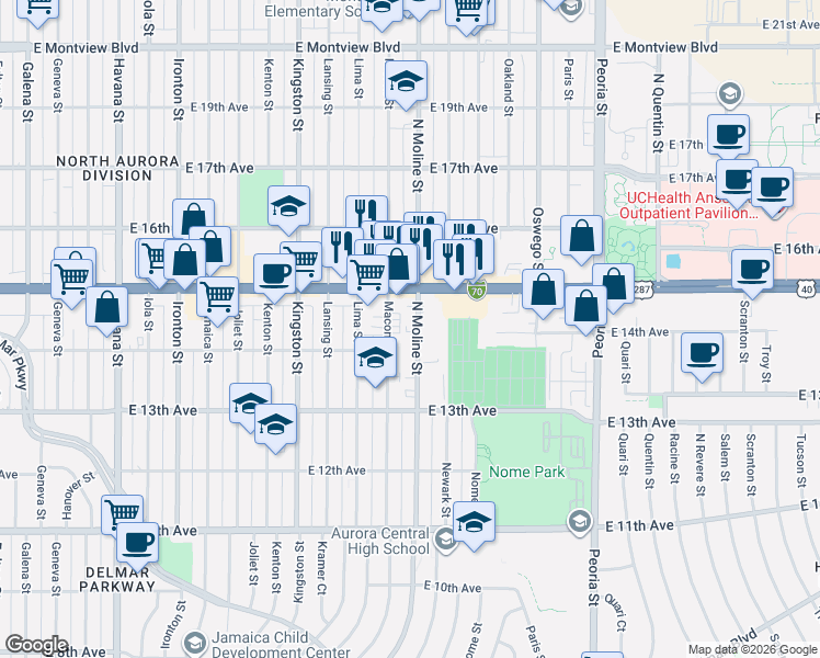 map of restaurants, bars, coffee shops, grocery stores, and more near in Aurora