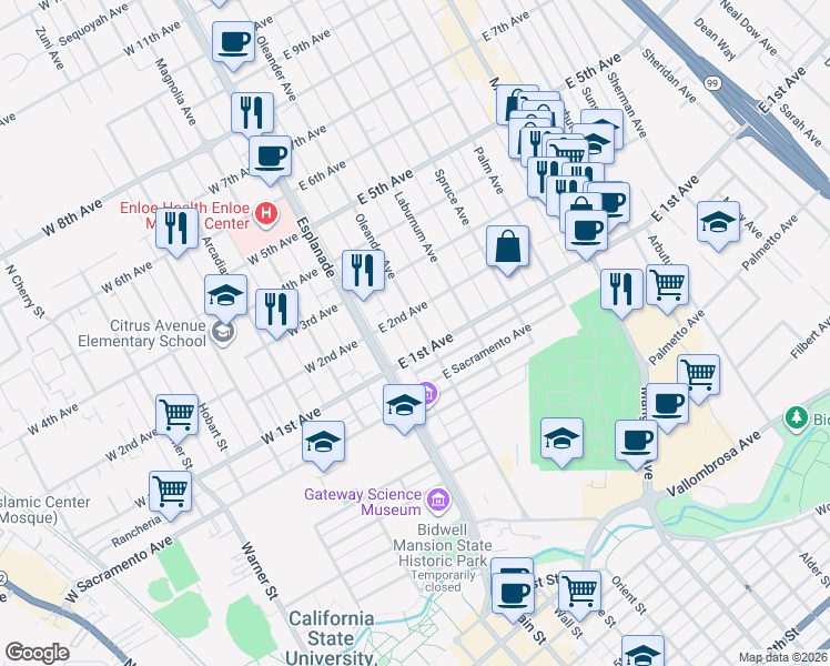 map of restaurants, bars, coffee shops, grocery stores, and more near 1115 Oleander Avenue in Chico
