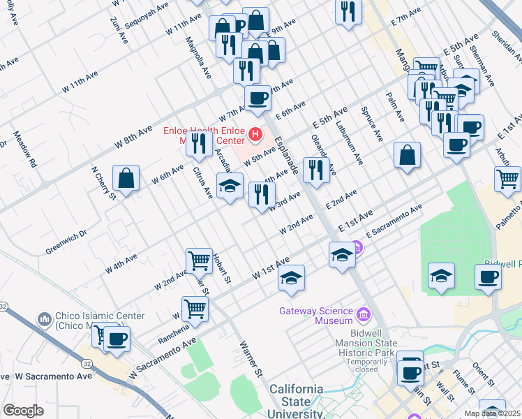 map of restaurants, bars, coffee shops, grocery stores, and more near 234 West 3rd Avenue in Chico