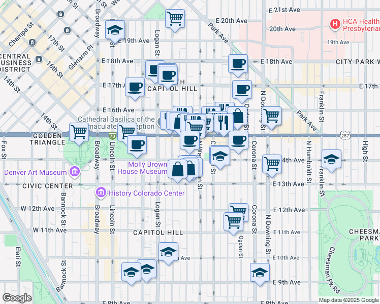 map of restaurants, bars, coffee shops, grocery stores, and more near 1433 North Washington Street in Denver