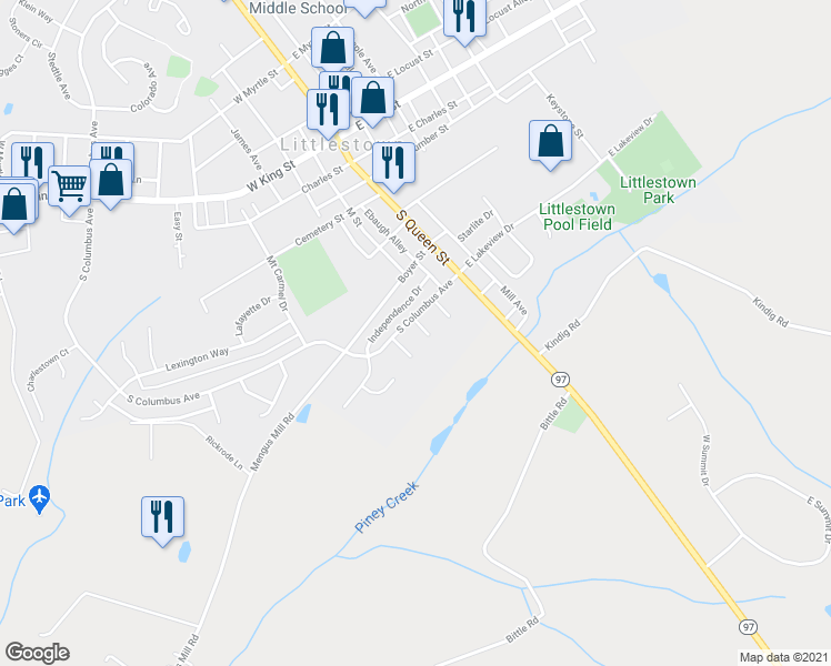 map of restaurants, bars, coffee shops, grocery stores, and more near 15 Constitution Court in Littlestown