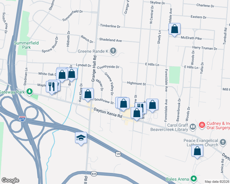 map of restaurants, bars, coffee shops, grocery stores, and more near 1625 Countryside Drive in Dayton
