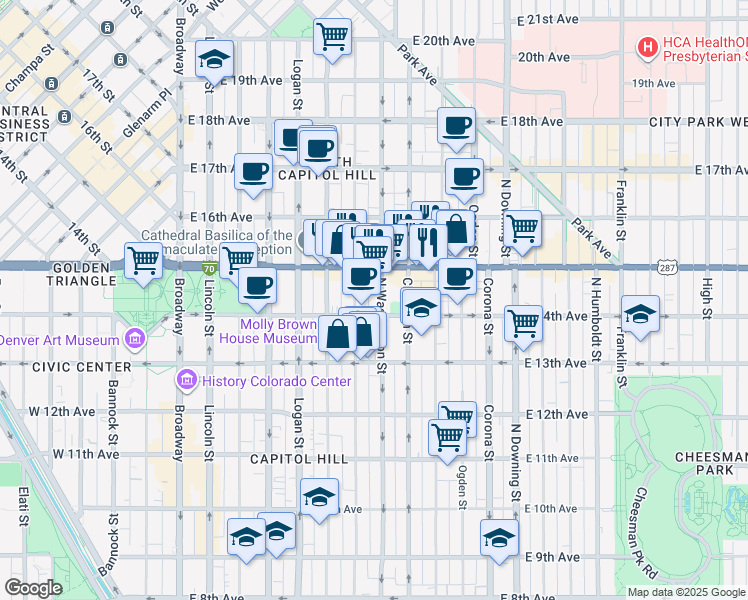 map of restaurants, bars, coffee shops, grocery stores, and more near 1433 North Washington Street in Denver