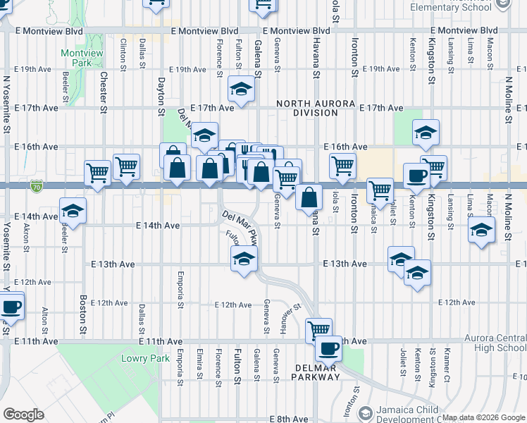 map of restaurants, bars, coffee shops, grocery stores, and more near in Aurora