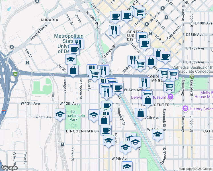 map of restaurants, bars, coffee shops, grocery stores, and more near 901 West 14th Avenue in Denver